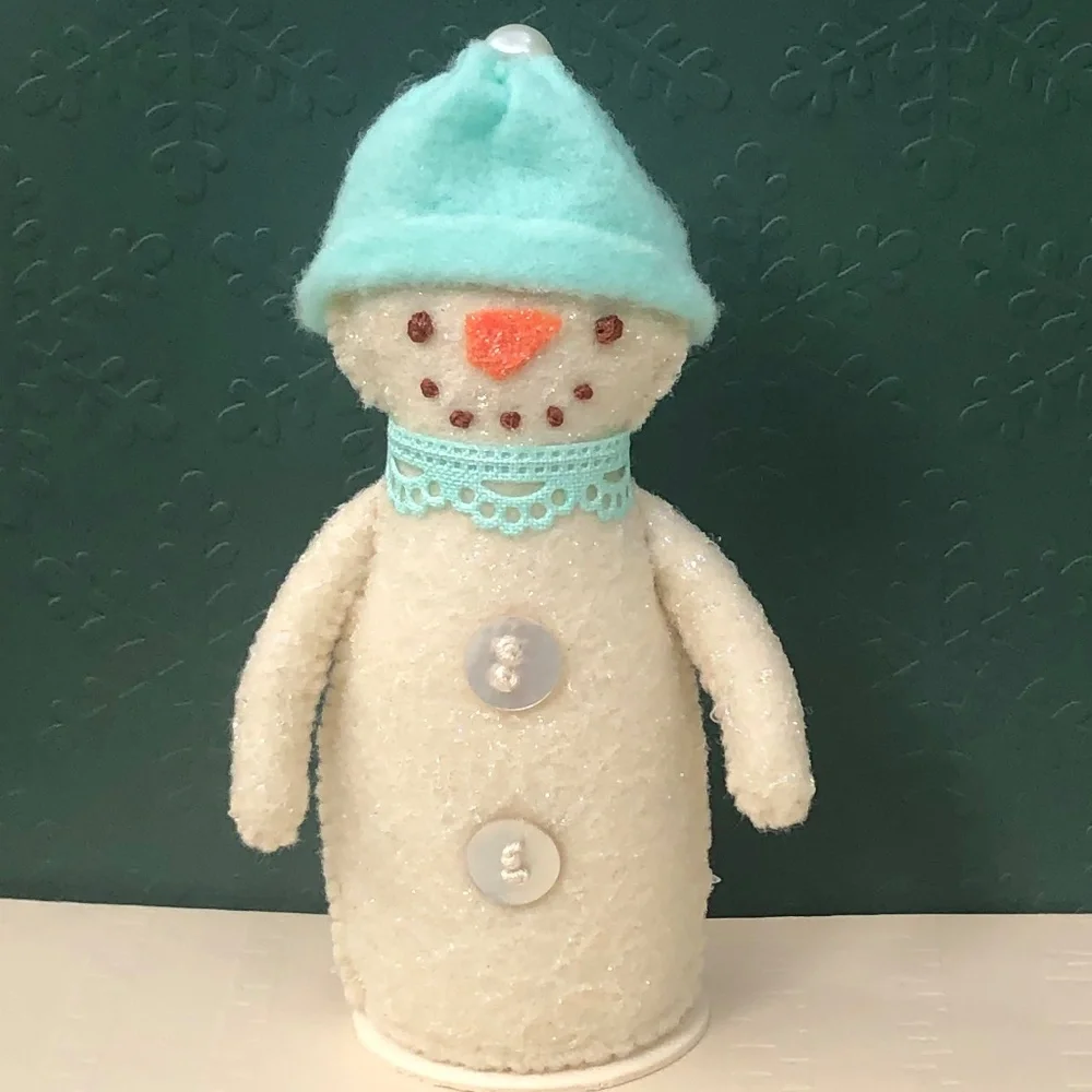 Snowman Art Doll Felt Coastal hand-sewn aqua hat handmade